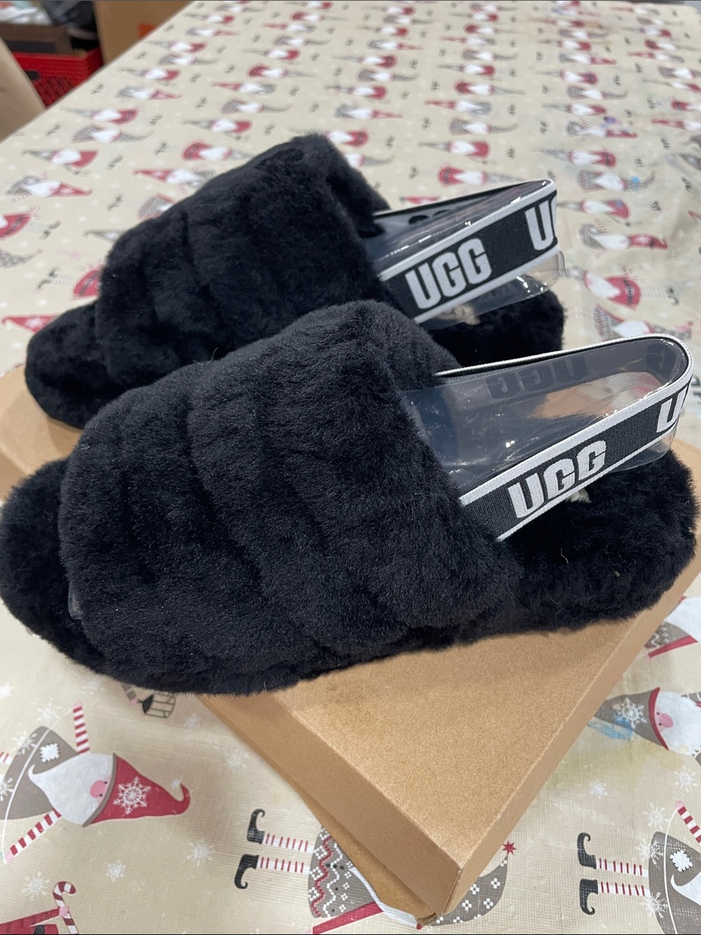 UGG Black Fluff Slide with Branded Slingback
